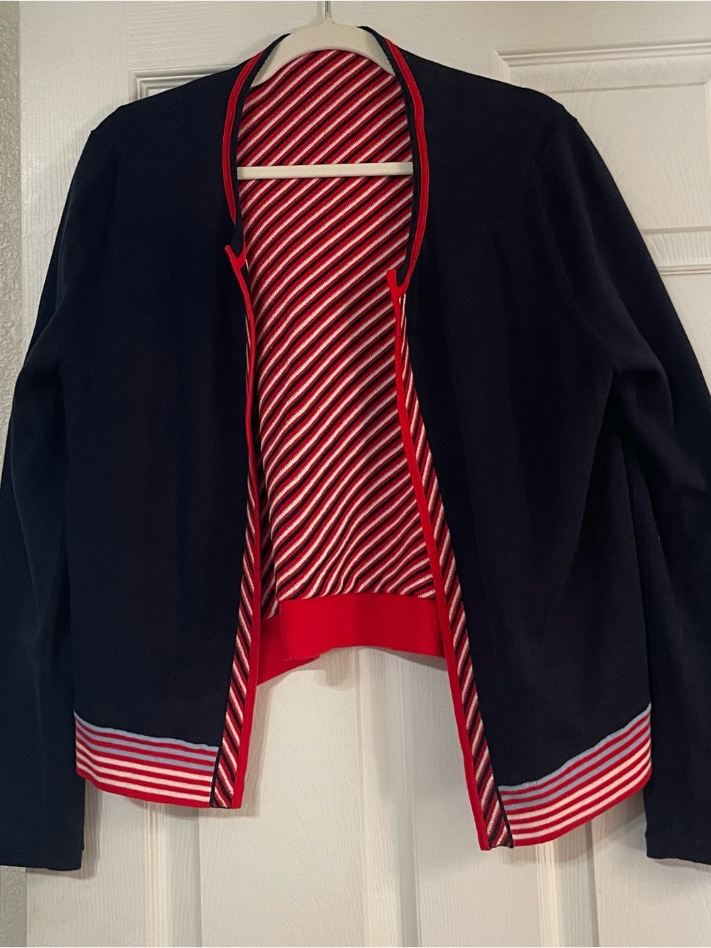 CAbi Reversible Red Striped/Navy Open-Front Women’s Sweater Jacket